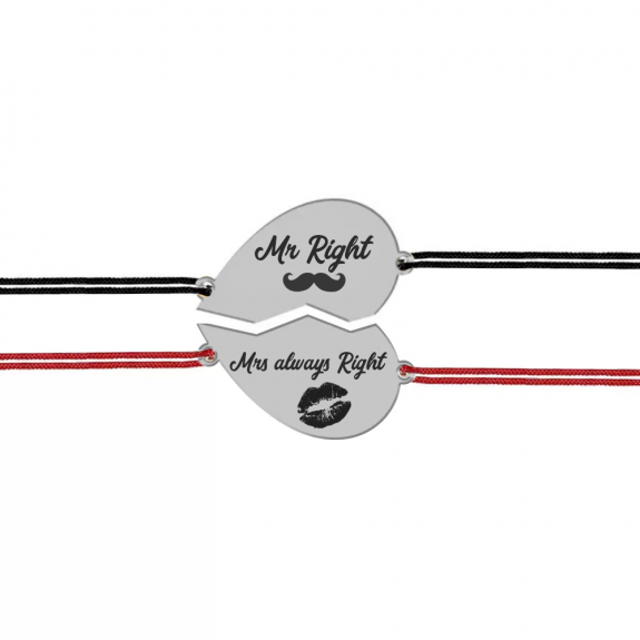 Set bratari argint cuplu inimioare 16 mm si snur negru (M) si rosu (F) (2 bucati incluse) - personalizate cu text